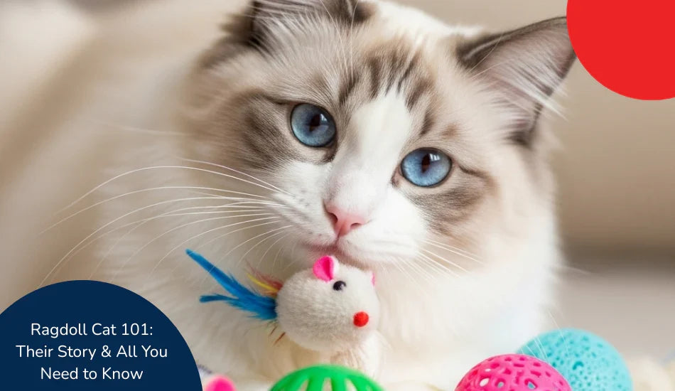 Ragdoll cat with blue eyes playing with a mouse toy and colorful balls, zigly pet care.