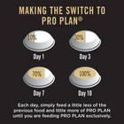 Pet food transition chart showing gradual switch to Pro Plan over 10 days with feeding bowls.