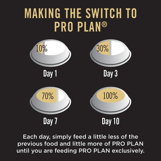 Pet food transition chart showing gradual switch to Pro Plan over 10 days with labeled bowls.