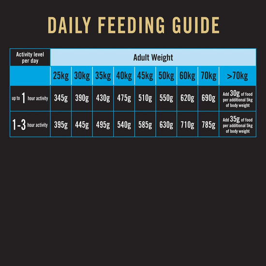 Dog daily feeding guide chart with activity levels and adult weight in kilograms and grams