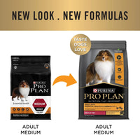 Purina Pro Plan Adult Medium dog food packaging redesign showing old and new formulas
