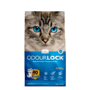 Zigly Intersand OdourLock mineral cat litter 6kg bag with blue-eyed cat image, odor control, unscented, multi-cat formula.