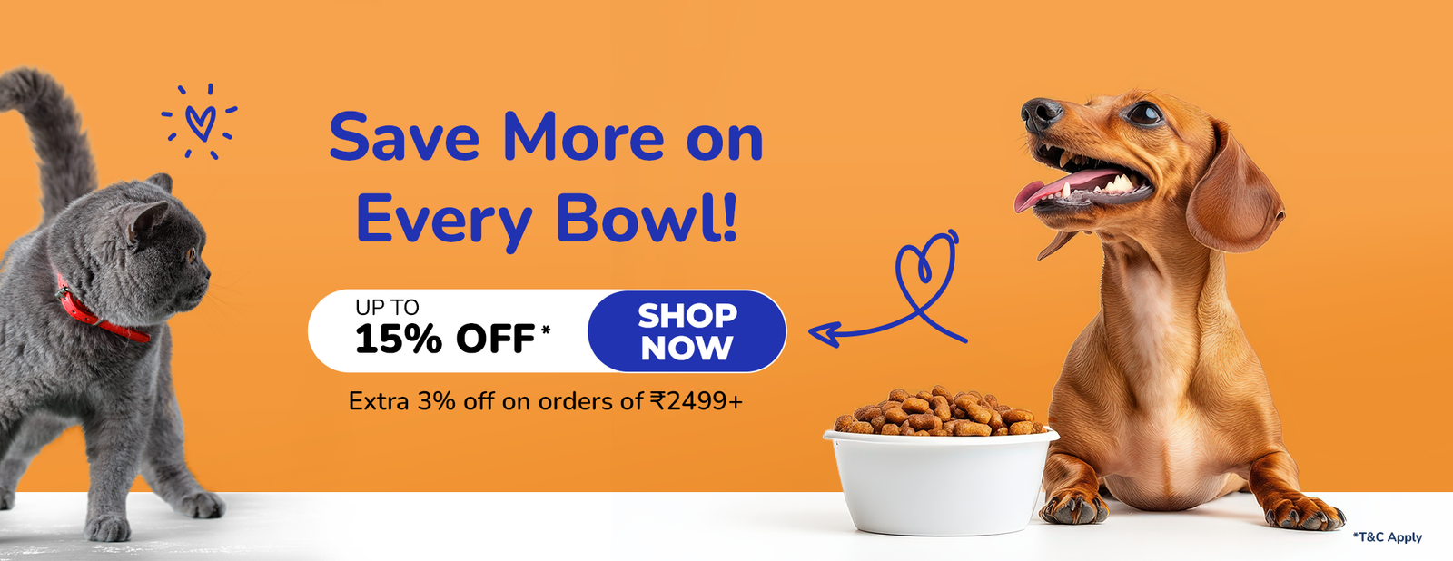 Promotional banner with two dogs and a bowl of dog food, offering savings on pet products.