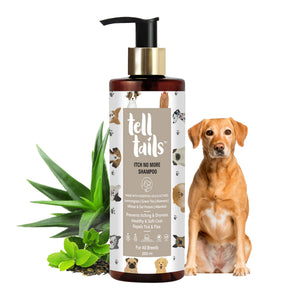 Tell Tails Itch No More dog shampoo 250ml bottle with a dog and aloe vera, available at zigly