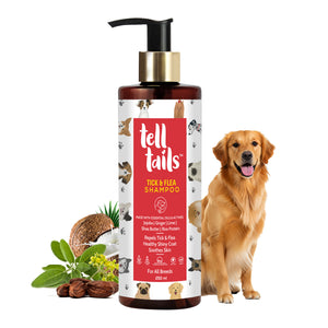 Tell Tails Tick & Flea Dog Shampoo 250ml bottle with a Golden Retriever and ingredients from Zigly
