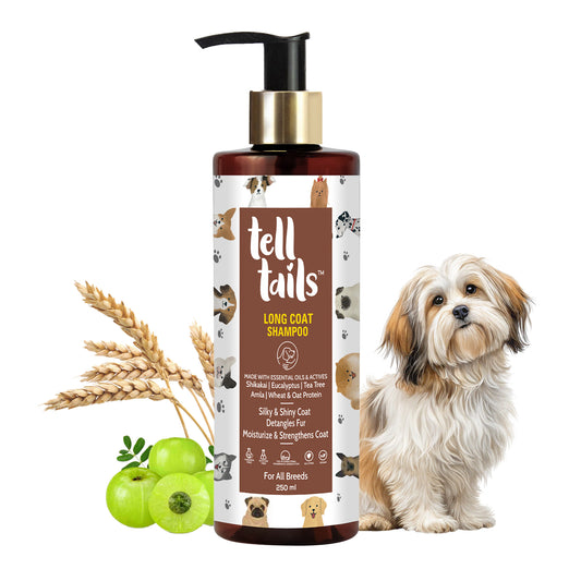 Tell Tails Long Coat Shampoo 250ml bottle with a long-haired dog and ingredients from zigly