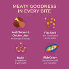 Zigly pet food highlights real chicken, liver, flax seed, inulin and rich gravy benefits.