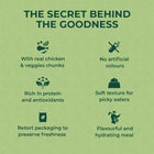 Zigly pet food benefits infographic with icons, highlighting real chicken, veggies, no artificial colours, protein, antioxidants, soft texture, freshness, and hydration.