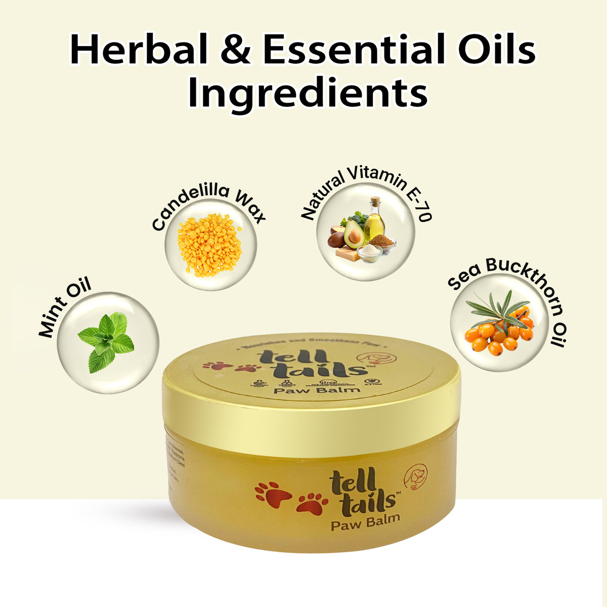 Tell Tails Paw Balm from zigly featuring Mint Oil, Candelilla Wax, and Vitamin E ingredients.