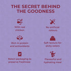 Zigly pet food benefits infographic with real chicken, protein, antioxidants, freshness, no artificial colors.