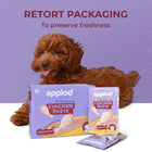Zigly puppy with Applod chicken paste dog food in purple packaging, retort pack for freshness