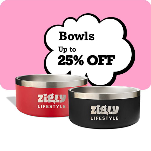 Two dog bowls with 'Zigly Lifestyle' branding on a pink background with promotional text.