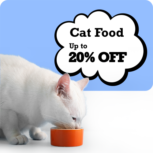 White cat eating from an orange bowl with a promotional text bubble for cat food discount.