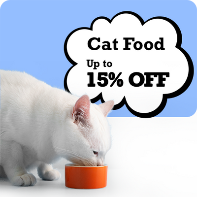 White cat eating from an orange bowl with a promotional text bubble for cat food discount-Zigly