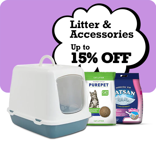Cat litter box with cat litter and food packages on a purple background with promotional text.