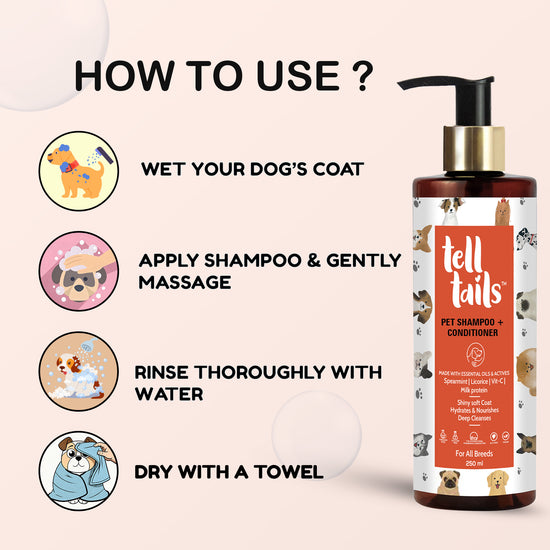 Tell Tails 2-in-1 Shampoo and Conditioner for dogs with usage guide, available on zigly
