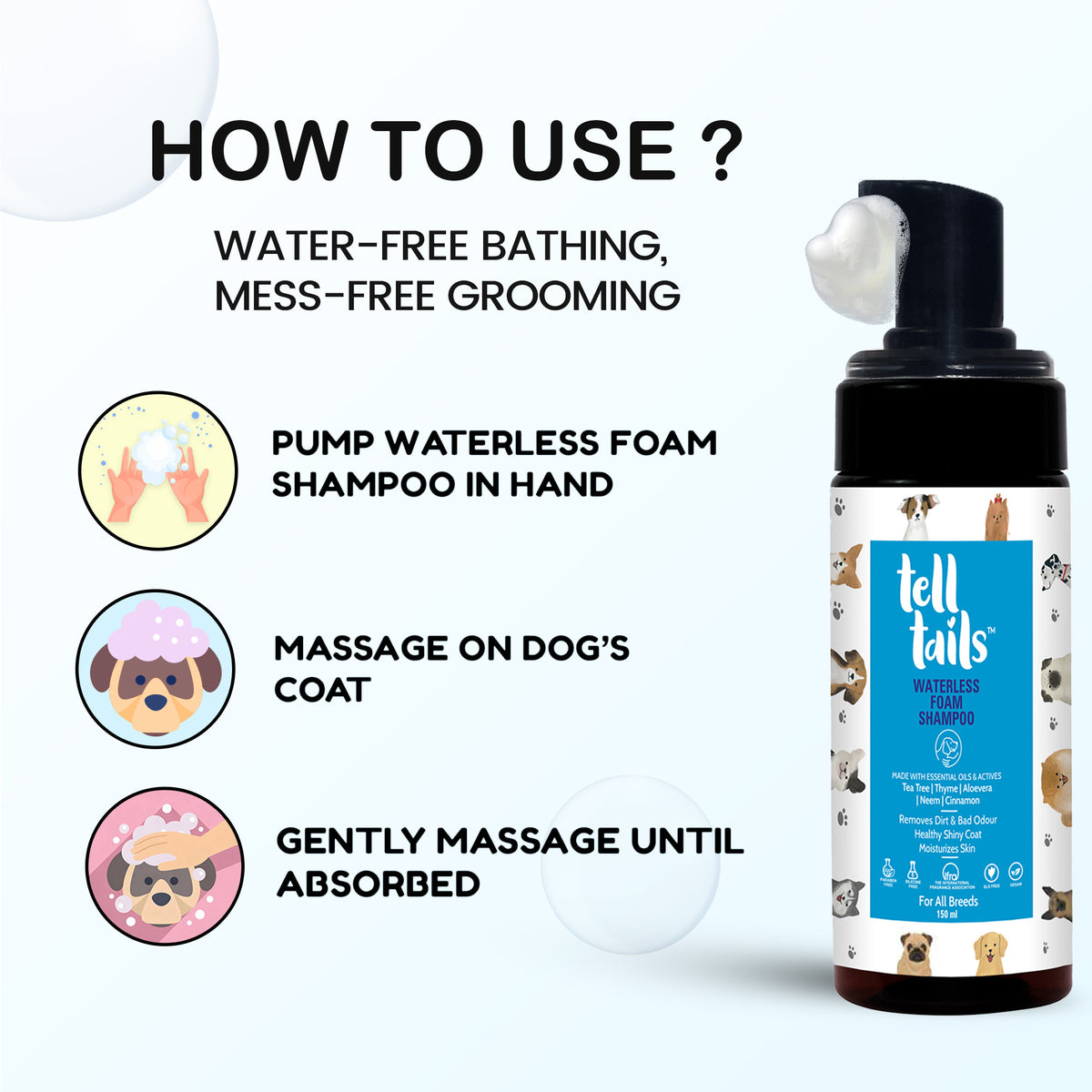 Tell Tails Waterless Foam Shampoo for dogs usage guide on Zigly