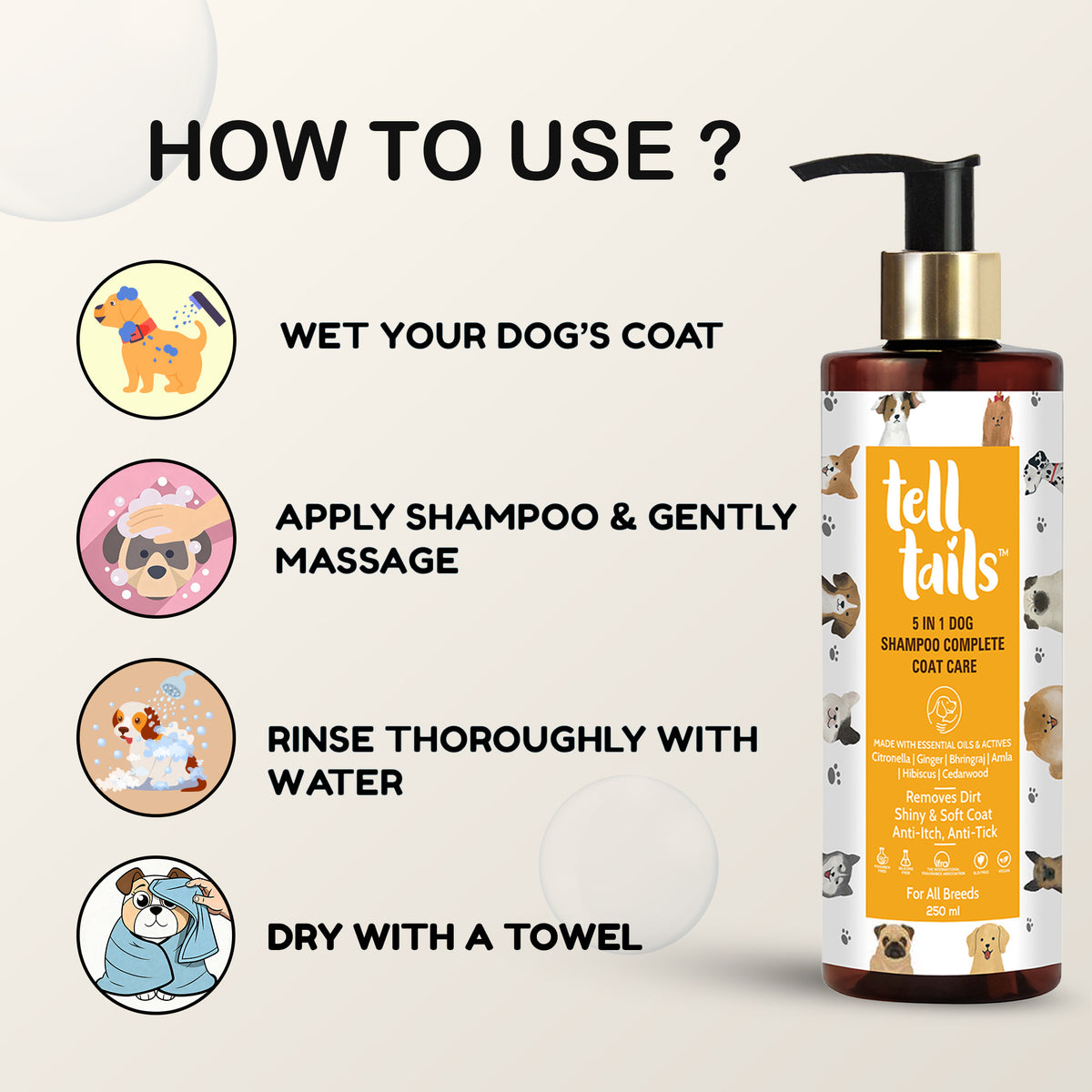 Tell Tails 5-in-1 Dog Shampoo usage guide from zigly