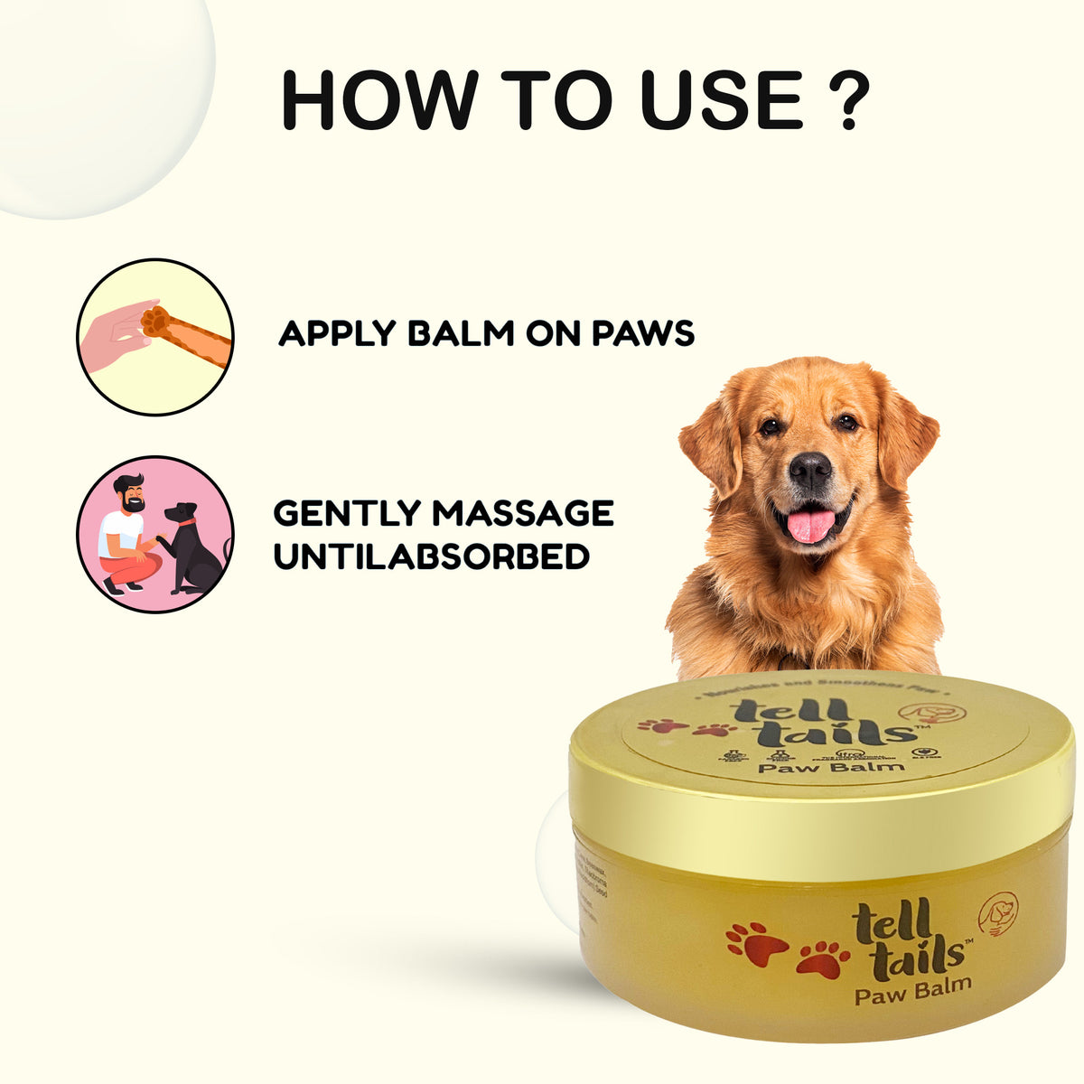 Tell Tails Paw Balm for dogs from zigly with usage instructions and a Golden Retriever.