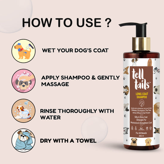 Tell Tails Long Coat Shampoo usage guide for dogs on Zigly