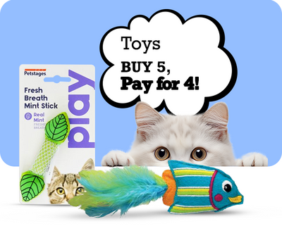 Cat playing with a toy next to a package of Petstages Fresh Breath Mint Stick, with promotional text above.