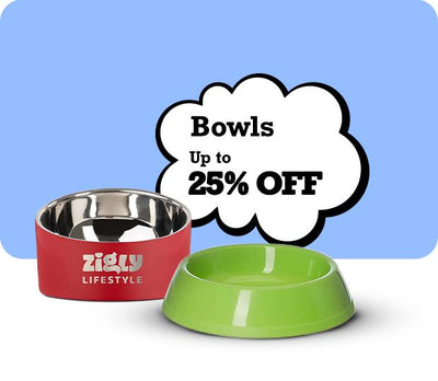 Two dog bowls, one red and one green, with a promotional cloud indicating 'Bowls Up to 25% OFF' on a blue background.