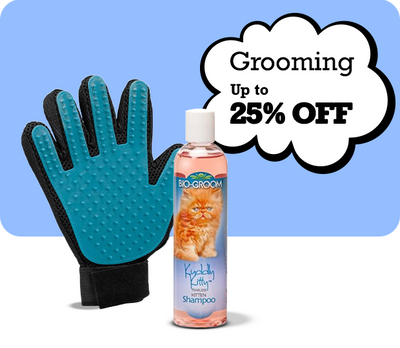 Grooming glove and bottle of shampoo with promotional text on a light blue background