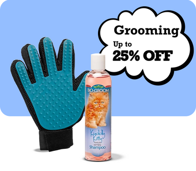 Pet grooming glove and bottle of shampoo with promotional text on a light blue background