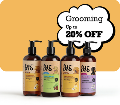 Four bottles of fur pro grooming products with a promotional text bubble on a yellow background