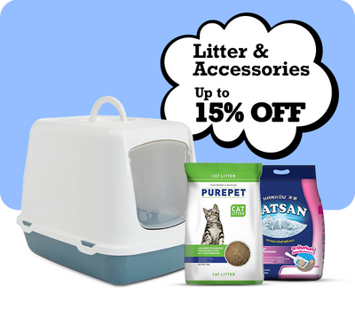 Cat litter box and bags with promotional text on a blue background