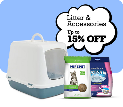 Cat litter box and bags with promotional text on a blue background