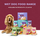 Zigly applod wet dog food range with chicken, lamb, liver, and veggies packs next to a golden retriever