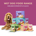 Zigly wet dog food range with Applod chicken paste, chicken & lamb, chicken & veggies, and chicken & liver packs alongside a golden retriever