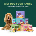 Zigly wet dog food range with chicken paste, chicken & lamb, chicken & veggies, and chicken & liver packs alongside a golden retriever