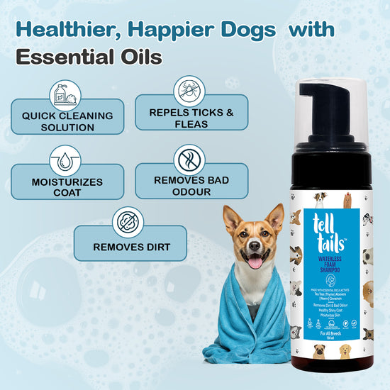 Tell Tails waterless foam shampoo for dogs from zigly, featuring a dog wrapped in a blue towel.