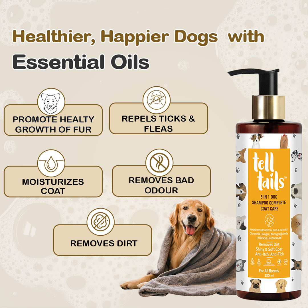 Tell Tails 5-in-1 Natural Dog Shampoo bottle with benefits and a dog, available on Zigly.