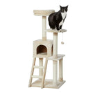 A black and white cat on a Zigly Lifestyle Celeste cat tree with scratching post and condo.