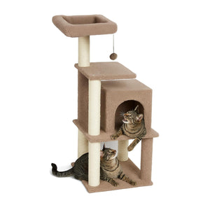Two cats playing on a Zigly Lifestyle three-floor cat tree with a hanging ball.