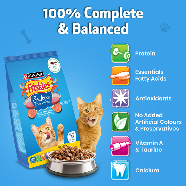 PURINA FRISKIES Seafood Sensations Tuna Salmon Whitefish Crab & Shrimp Flavours Dry Adult Cat Food - 1kg