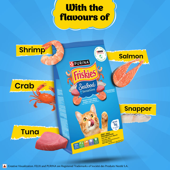 PURINA FRISKIES Seafood Sensations Tuna Salmon Whitefish Crab & Shrimp Flavours Dry Adult Cat Food - 1kg