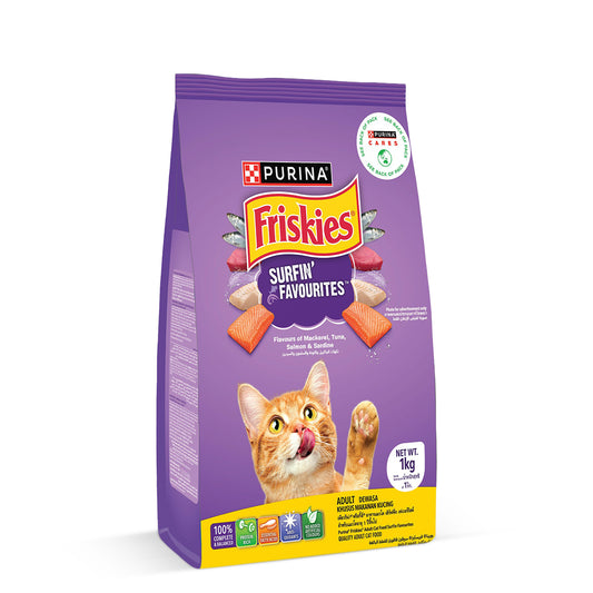 PURINA FRISKIES Surfin' Favourites Mackerel Tuna Salmon & Sardine Flavours Dry Adult Cat Food - 1kg