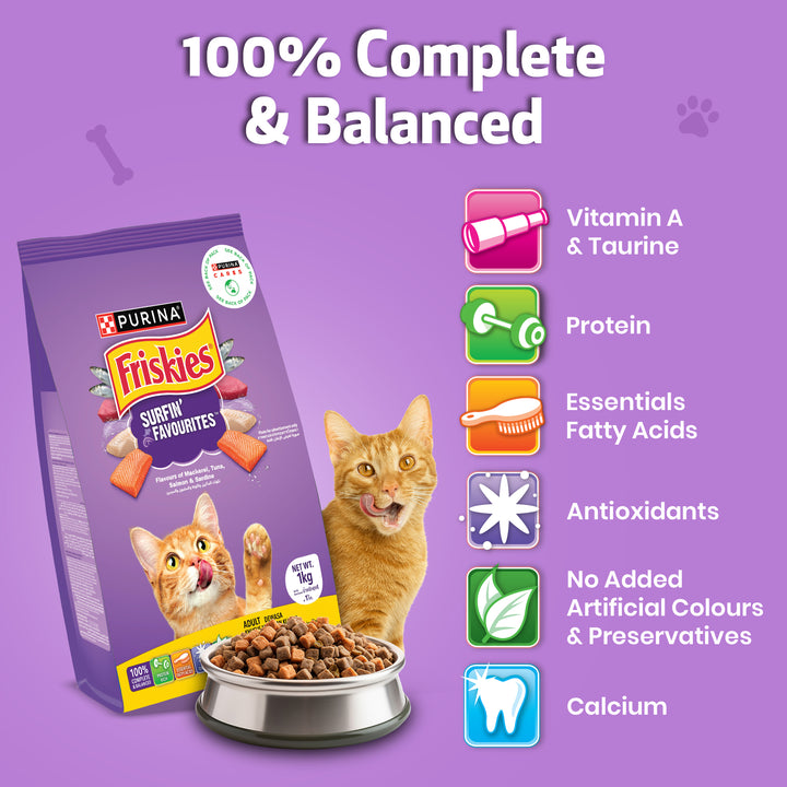 PURINA FRISKIES Surfin' Favourites Mackerel Tuna Salmon & Sardine Flavours Dry Adult Cat Food - 1kg