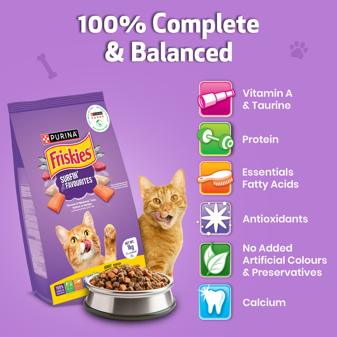 PURINA FRISKIES Surfin' Favourites Mackerel Tuna Salmon & Sardine Flavours Dry Adult Cat Food - 1kg
