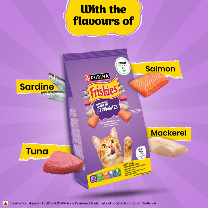 PURINA FRISKIES Surfin' Favourites Mackerel Tuna Salmon & Sardine Flavours Dry Adult Cat Food - 1kg