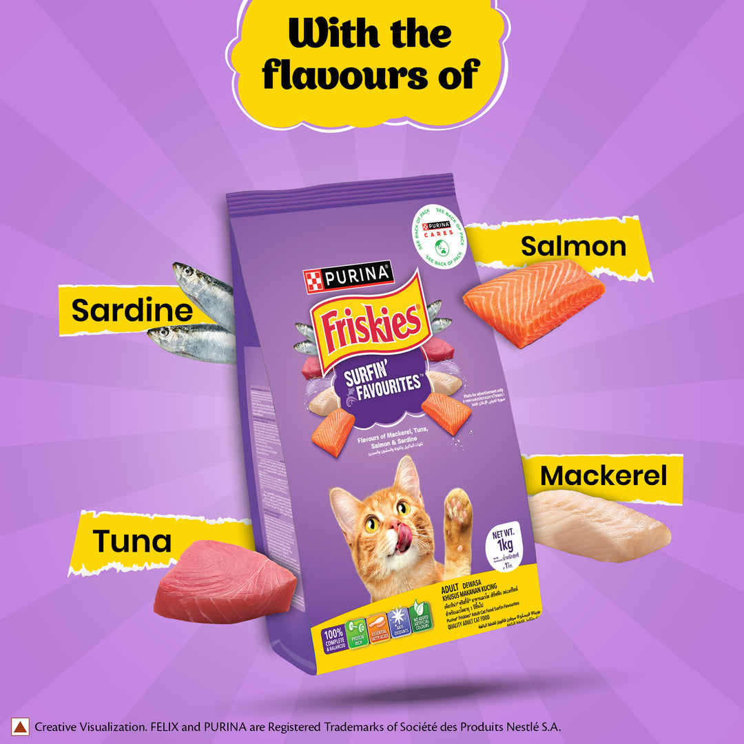 PURINA FRISKIES Surfin' Favourites Mackerel Tuna Salmon & Sardine Flavours Dry Adult Cat Food - 1kg