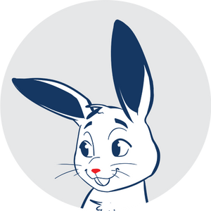 Cartoon rabbit face with large ears on a light gray background