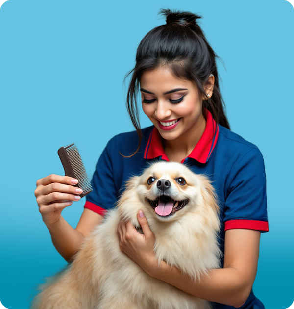Woman holding a dog and a comb against a blue background