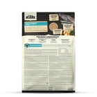 Back of Acana Wild Coast dry dog food bag showing ingredients, feeding guide, zigly