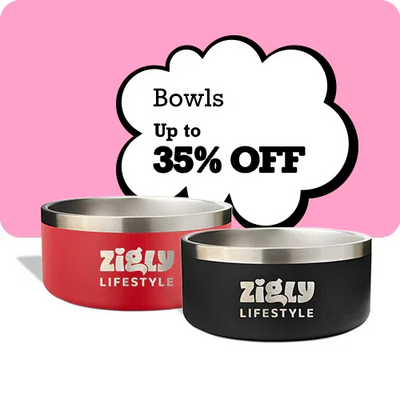 Two dog bowls with 'Zigly Lifestyle' branding on a pink background with promotional text.