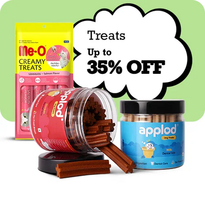 Dog treats from Me-O and Applod with a promotional text bubble indicating a discount offer.